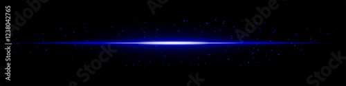 Glowing blue horizontal light beam with scattered particles on a dark background. Futuristic energy burst, laser effect, sci-fi illumination, and digital glow concept.