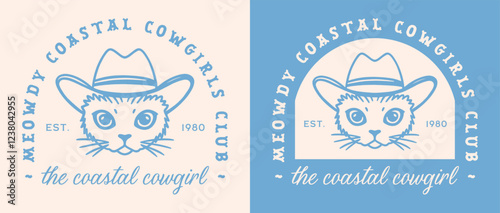 Coastal cowgirl club squad west coast western pastel blue aesthetic country girl funny quotes. Retro vintage boho cute cat wearing cowboy hat women besties summer trip party matching shirt design. photo