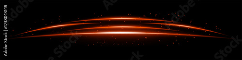 Glowing red curved light streaks with scattered particles on a dark background. Futuristic arc-shaped energy flow, laser effect, neon illumination, and digital motion concept.
