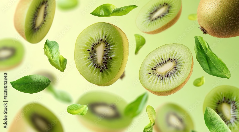 Fototapeta premium Kiwi con mezze fette che cadono o fluttuano nell'aria con foglie verdi isolate sullo sfondo, frutta fresca biologica con alto contenuto di vitamine e minerali