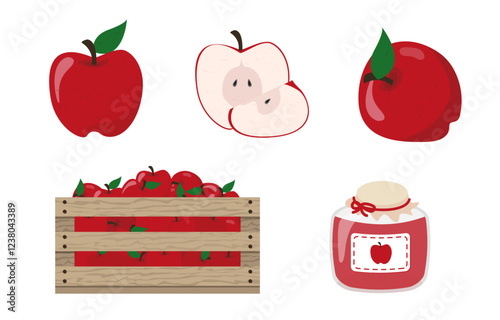 Collection of red apple items fruit slice glass jam bottle