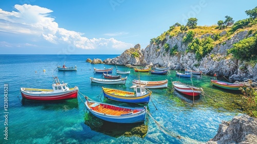Colorful boats anchored in a serene coastal landscape with rocky cliffs and clear water.