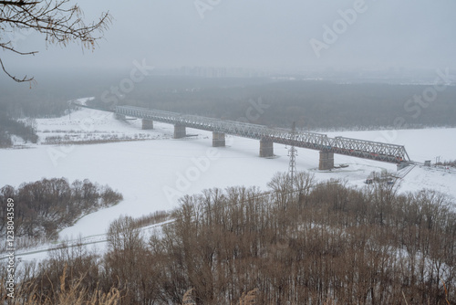 A train is presently traversing a bridge that stretches across a scenic body of water, crafting a beautiful view as it smoothly glides along the rails high above the water below photo