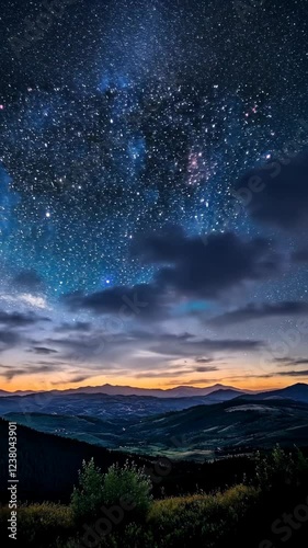 Celestial night sky over mountain landscape reveals stunning starry view at dusk