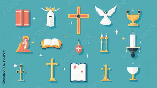 Religious flat icons with bible books, crosses, chalice, rosary, church or temple building, angel, white dove, icon, mitres and candelabras photo