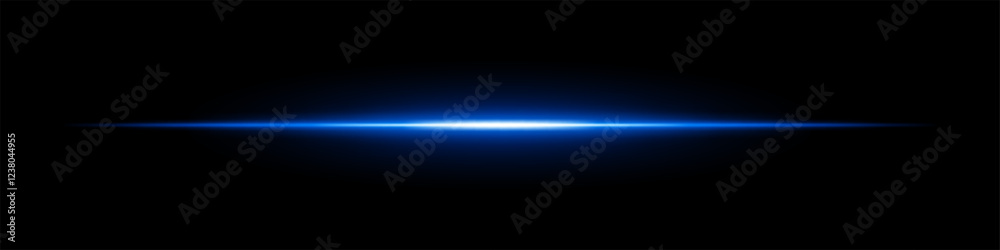 Glowing blue horizontal light beam on a dark background. Futuristic laser effect, energy burst, neon illumination, and sci-fi digital glow concept.