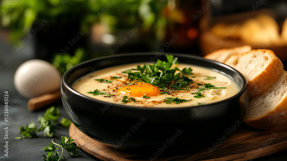 Greek Avgolemono soup, made with chicken, lemon, and eggs, served with crusty bread in a cozy family kitchen, Mediterranean comfort food, warming flavors Greek Avgolemono soup, made with chicken, lemon, and eggs, served with crusty bread in a cozy family kitchen, Mediterranean comfort food, warming flavors