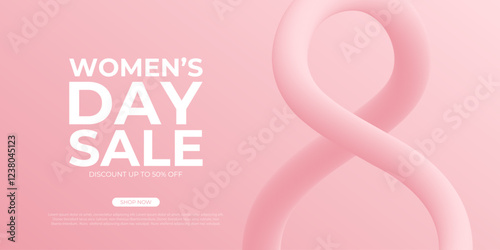 Women's Day Sale commercial banner for International Women's Day holiday shopping promotion. Number 8 shape 3d line design. Vector illustration.