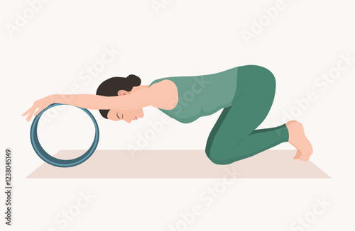 Vector illustration of young woman in green sportswear practicing Balasana with yoga wheel. Young female doing child’s pose. Woman workout, fitness. Exercise for relaxation and stretching the low back