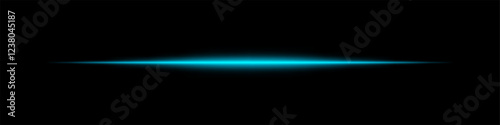 Horizontal blue light beam glowing on black background. Abstract digital energy effect. Futuristic technology and sci-fi concept for design and wallpaper