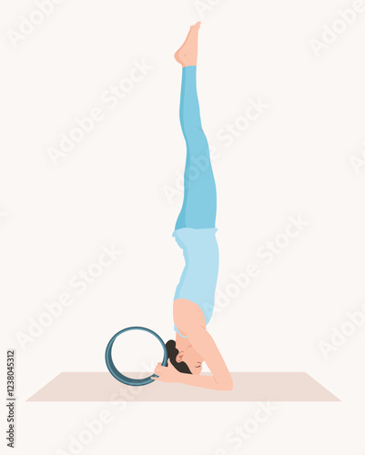 Vector illustration of young woman in blue sportswear practicing sirsasana with yoga wheel. Young female doing headstand pose. Woman workout, fitness. Exercise for good posture, body strength.