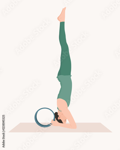 Vector illustration of young woman in green sportswear practicing sirsasana with yoga wheel. Young female doing headstand pose. Woman workout, fitness. Exercise for good posture, body strength.