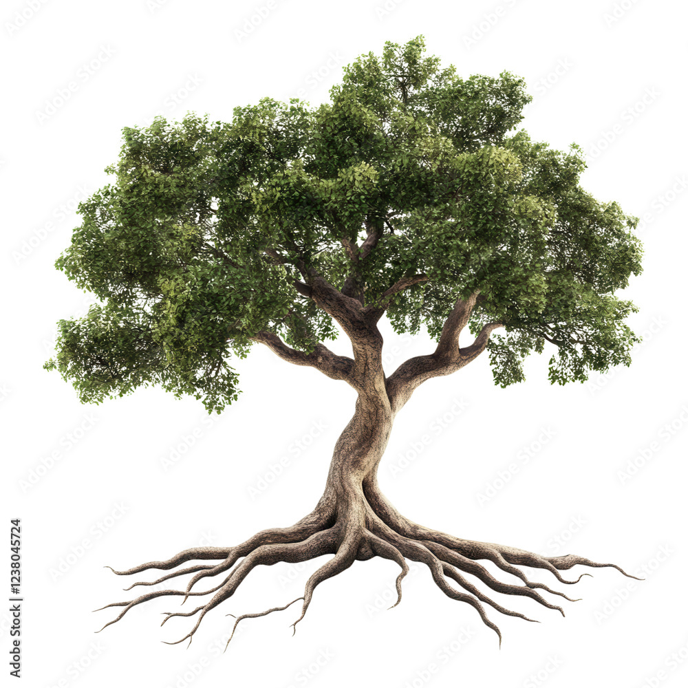 Intricate tree illustration showcasing exposed roots and branches, transparent background, ideal for digital projects and design applications