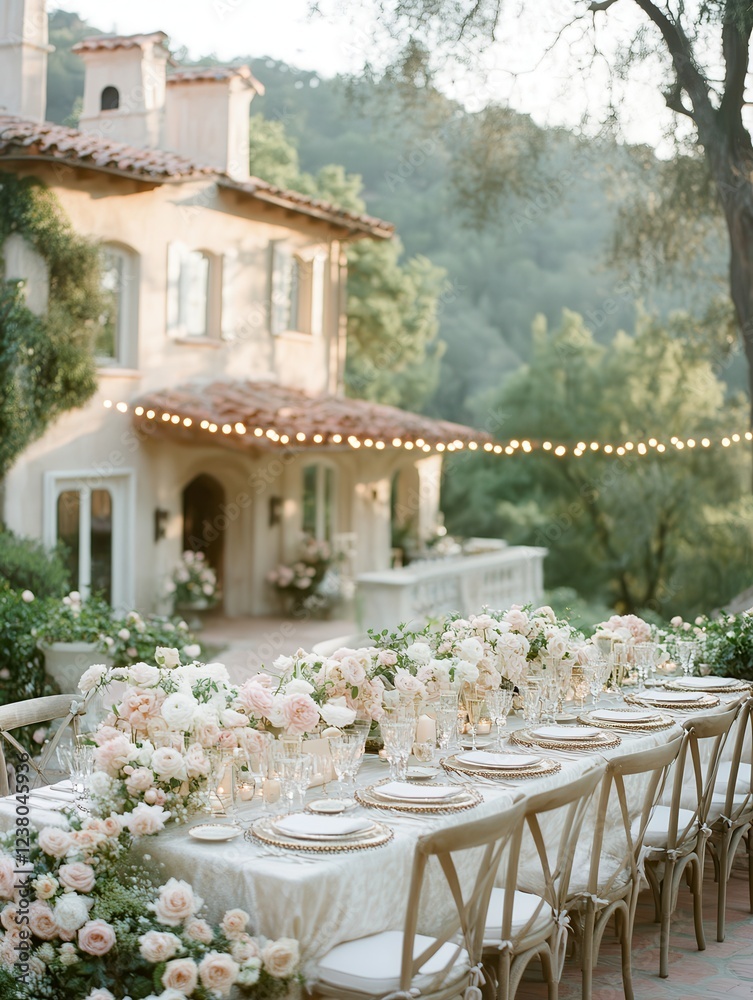 Fototapeta premium Elegant Outdoor Wedding Reception with Floral Decor
