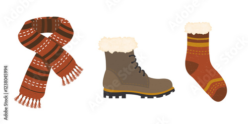Collection of Autumn clothing objects scarf, fuzzy sock and leather boots