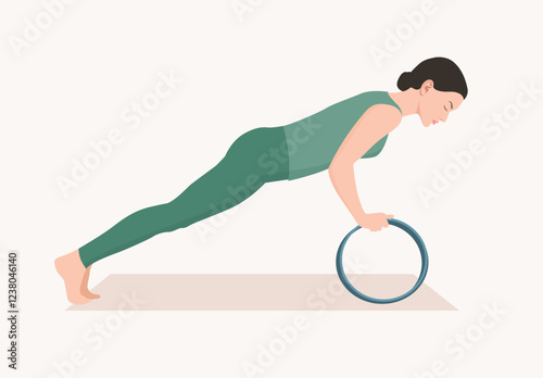 Vector illustration of young woman in green sportswear practicing assisted plank with yoga wheel. Exercise for good posture, flexibility and balance.