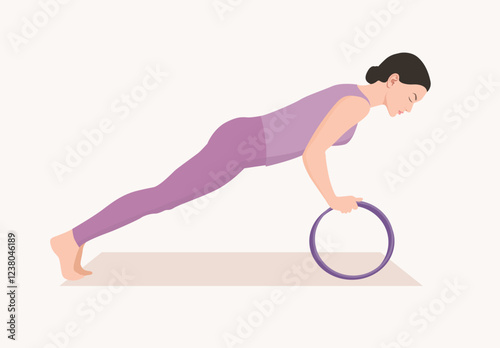 Vector illustration of young woman in purple sportswear practicing assisted plank with yoga wheel. Exercise for good posture, flexibility and balance.
