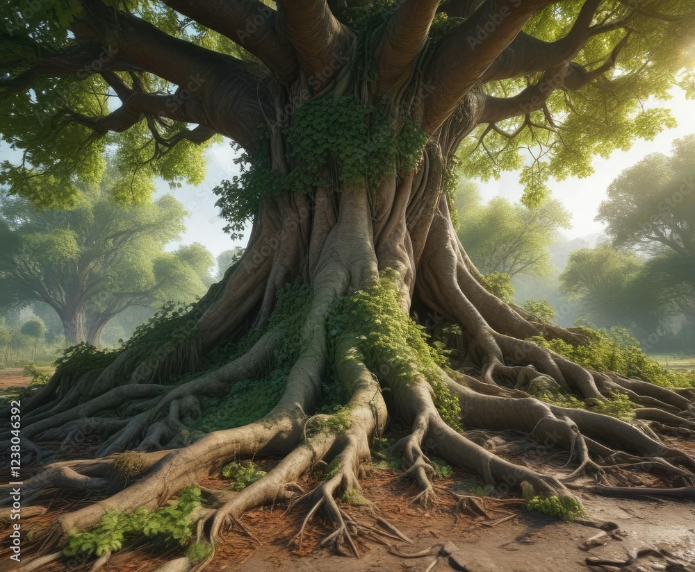 Old tree with overgrown ivy branches and tree roots exposed, old tree, earthy, botanical Old tree with overgrown ivy branches and tree roots exposed, old tree, earthy, botanical