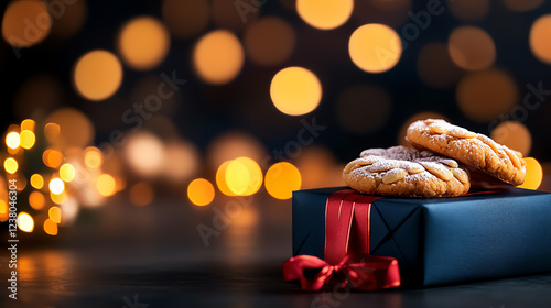 Greek Kourabiedes almond cookies, dusted with powdered sugar and styled with festive decor in a cozy family gathering, Mediterranean desserts, celebratory charm photo