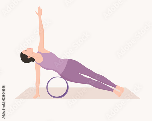 Vector illustration of young woman in purple sportswear practicing vasisthasana pose with yoga wheel. Young female doing side plank. Exercise for good posture, flexibility and balance.