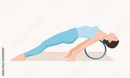 Vector illustration of young woman in blue outfit practicing yoga.Young female doing purvottanasana with yoga wheel. Upward plank pose.Exercise for good posture, flexibility, balance and open chest.