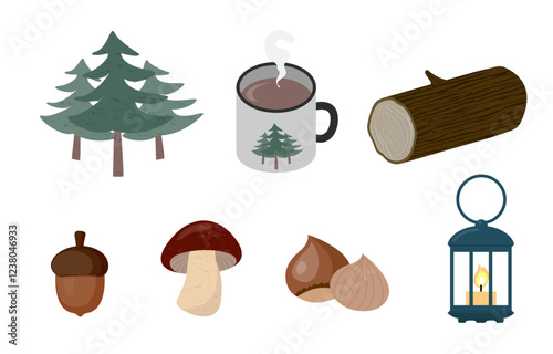 Forest themed camping object colletion of tree trunk mushroom chestnut acorn hot chocolate camping lamp