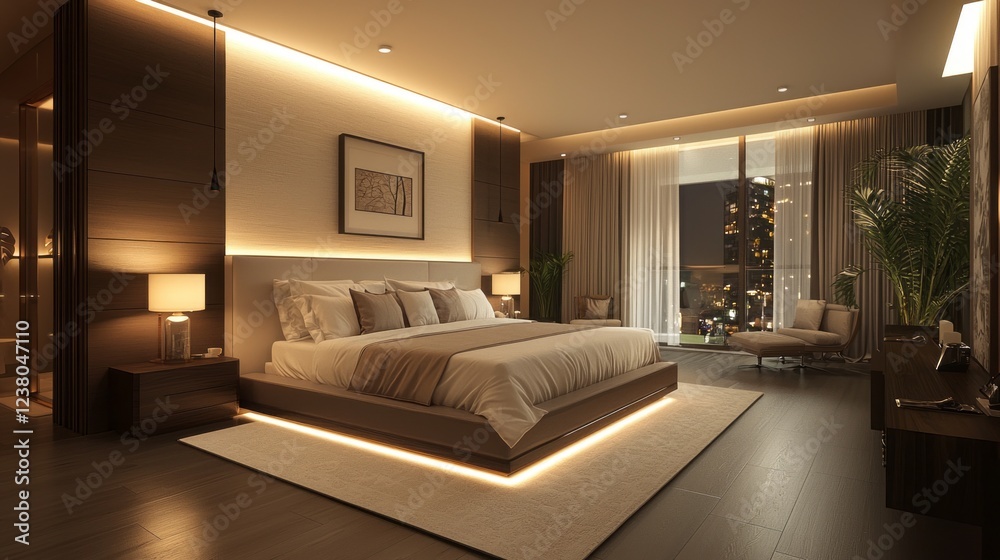 In a tranquil bedroom illuminated by warm lights, a plush bed rests atop a stylish base, with Mocha Mousse tones enhancing the calming atmosphere. Large windows reveal a cityscape at night In a tranquil bedroom illuminated by warm lights, a plush bed rests atop a stylish base, with Mocha Mousse tones enhancing the calming atmosphere. Large windows reveal a cityscape at night