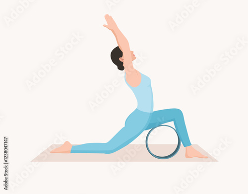 Vector illustration of young woman in blue sportswear practicing crescent pose with yoga wheel. Exercise for good posture, body strength, flexibility and balance.