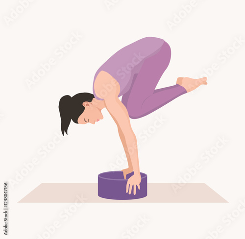 Vector illustration of young woman in purple sportswear practicing Bakasana with yoga wheel. Young female doing crane pose. Exercise for good posture, body strength, flexibility and balance.