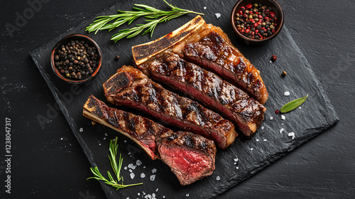 An appetizing dry-aged porterhouse steak, cut into large fillet pieces, garnished with herbs and salt, showcased from above.