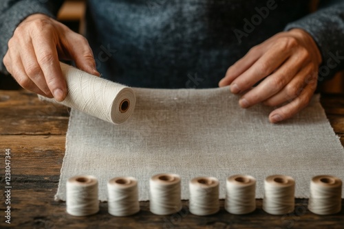 Artisanal Tailoring Korean Master Handcrafts Linen Shirt in Cozy Workshop - Sustainable Fashion Content and Eco-chic Apparel Merchandising photo