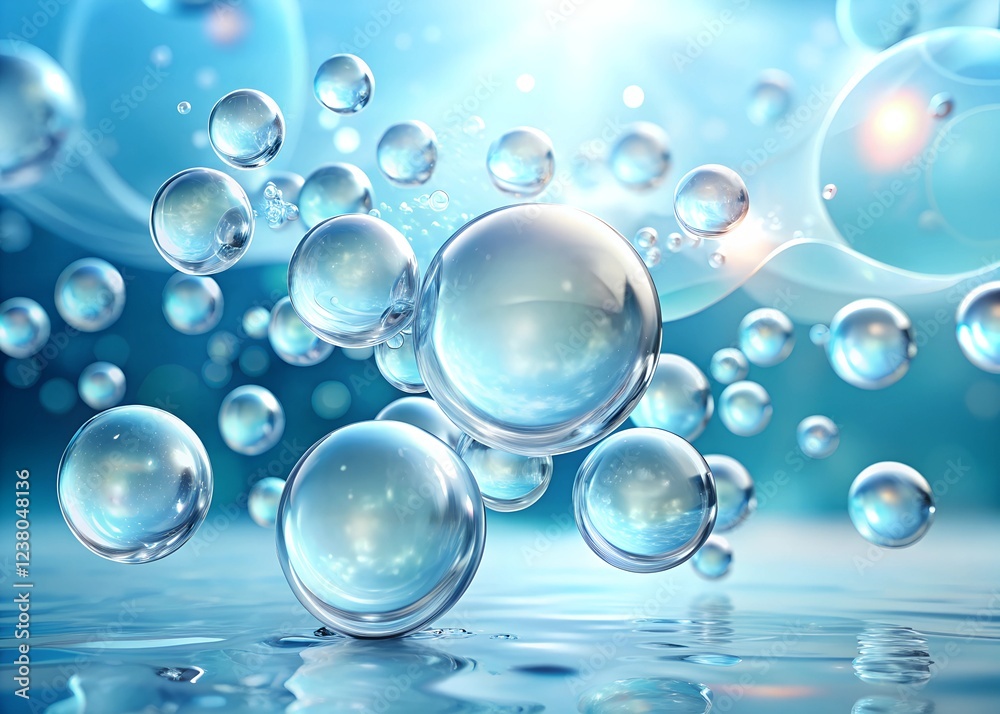 3d rendering of a transparent liquid bubble containing molecules floating on a light blue water background, perfect for skincare and cosmetic essence concepts 3d rendering of a transparent liquid bubble containing molecules floating on a light blue water background, perfect for skincare and cosmetic essence concepts