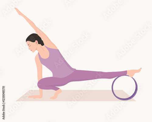 Vector illustration of young woman in purple outfit practicing yoga with yoga wheel. Half squat pose. Side bending stretch. Exercise for good posture, flexibility, balance and open hips.