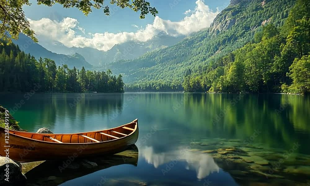 Serene lakeside view with a wooden canoe, surrounded by lush greenery and mountains under a clear sky Serene lakeside view with a wooden canoe, surrounded by lush greenery and mountains under a clear sky