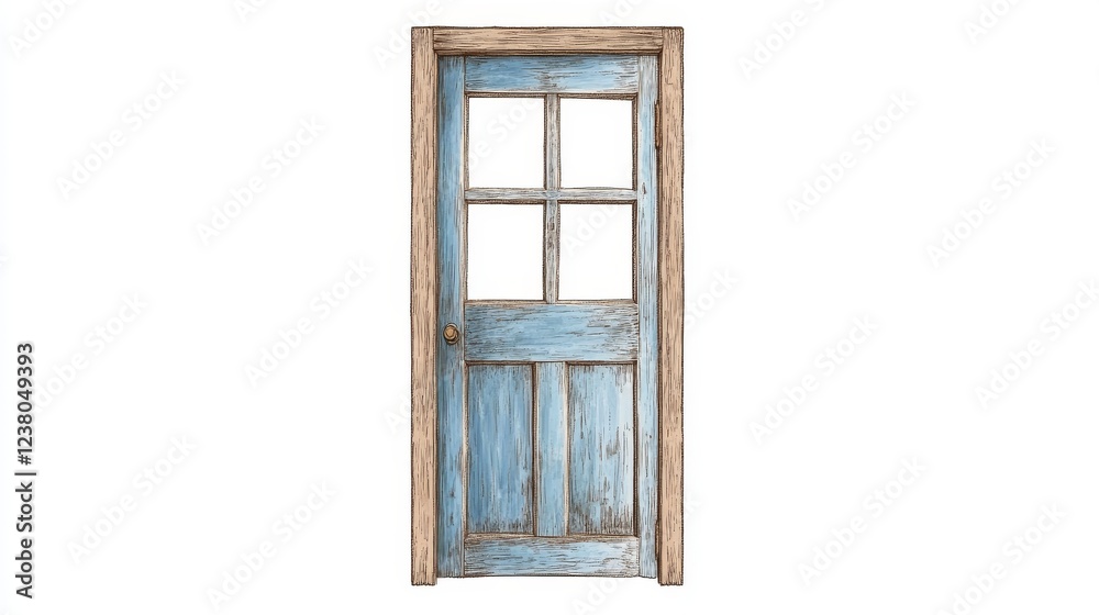 Obraz premium Vintage Wooden Door With Glass Window in Rustic Blue Finish