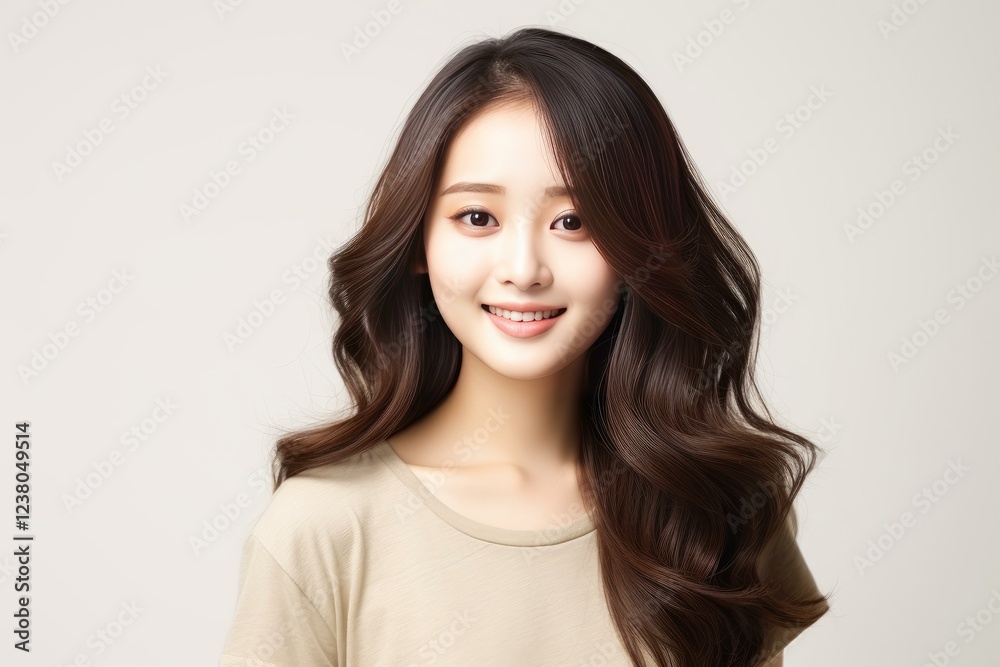 Studio portrait of smiling young asian woman with long, brown, wavy hair, wearing casual t shirt, on white background Studio portrait of smiling young asian woman with long, brown, wavy hair, wearing casual t shirt, on white background