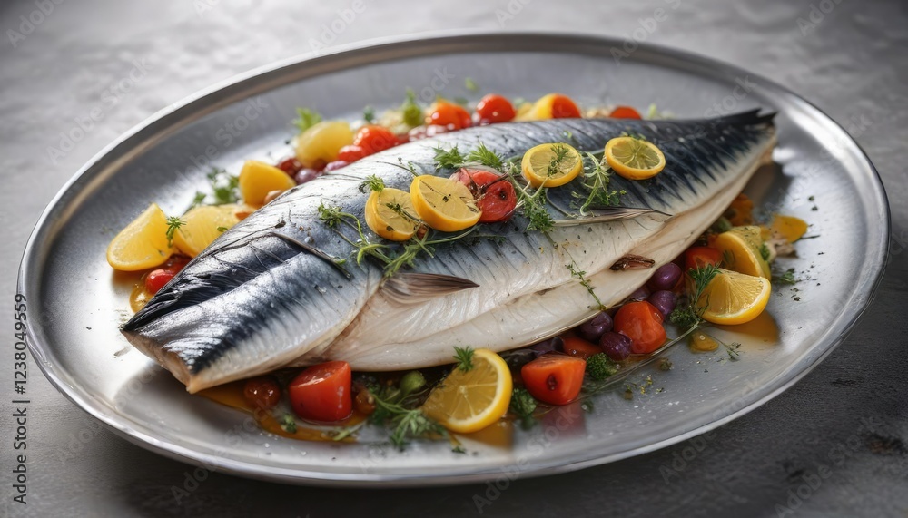 Oven-baked mackerel fillet served on a silver plate , baking, seafood, oceanic Oven-baked mackerel fillet served on a silver plate , baking, seafood, oceanic