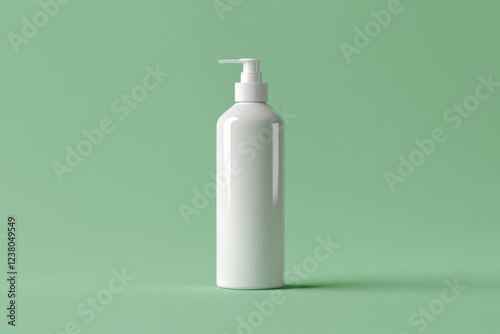 White cosmetic plastic bottle with pump packaging for cream, lotion, medicine, shampoo or liquid soap isolated on pastel pale green background. Blank skincare beauty product tube template. Empty jar photo