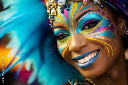 Close up of a smiling woman with vibrant carnival makeup and costume