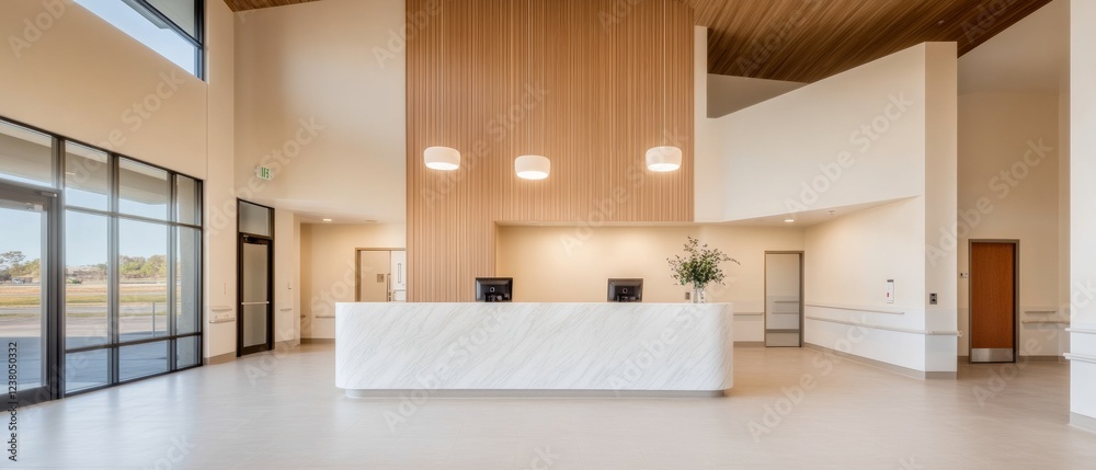 Fototapeta premium Minimalist Healthcare Architecture Wood-Accented Modern Reception with Marble Elements - Efficiency in Hospital Design and Patient-Centric Experience
