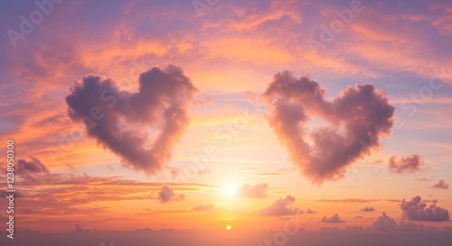 Romantic Sunset Sky with Two Heart Shaped Clouds Peaceful Evening Atmosphere