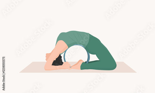 Vector illustration of young woman in green sportswear practicing Kapotasana with yoga wheel. Young female doing pigeon pose wheel. Exercise for good posture, body strength, flexibility and balance.
