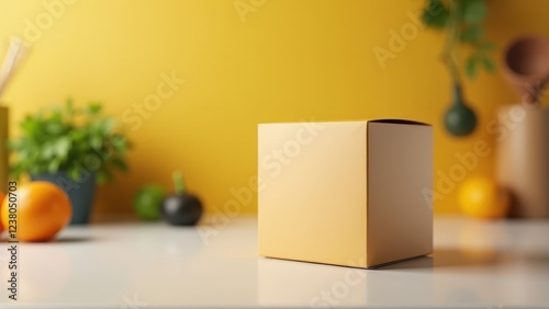 Cube Packaging Mockup, Colorful kitchen with a gourmet cube packaging mockup vivid and photorealistic.