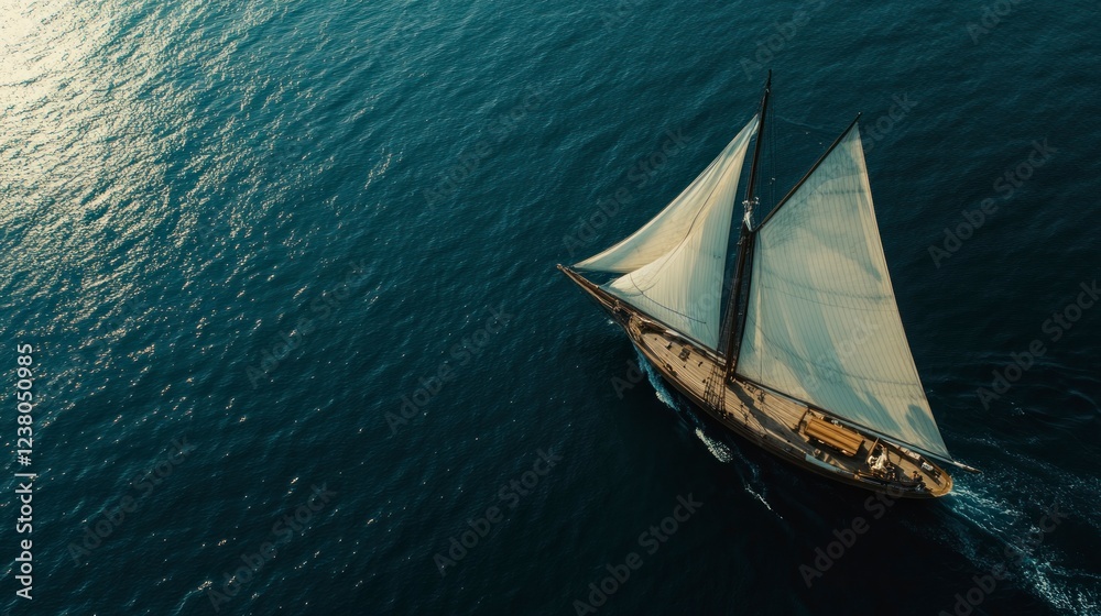 Fototapeta premium A classic sailboat sailing on the deep blue sea, seen from above. The boat is wooden with white sails and has an elegant form. A clear sky overhead adds to its timeless charm.
