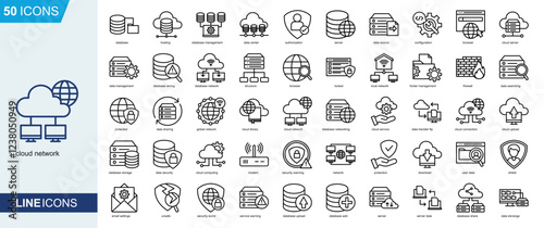 Cloud Network icon collection Line Style. database, hosting, database management, data center, data source, configuration, cloud server