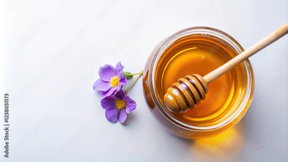 Overhead view of a periwinkle-colored glass vase filled with dripping honey on a white background, sweet treats, glassware Overhead view of a periwinkle-colored glass vase filled with dripping honey on a white background, sweet treats, glassware