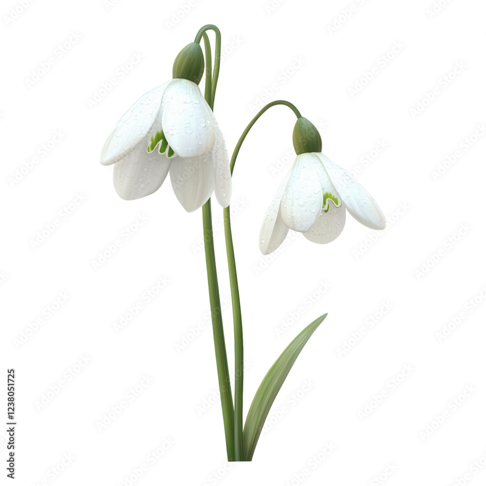 Delicate snowdrop blossom, elegant white petals, transparent backdrop, perfect for digital designs and floral illustrations