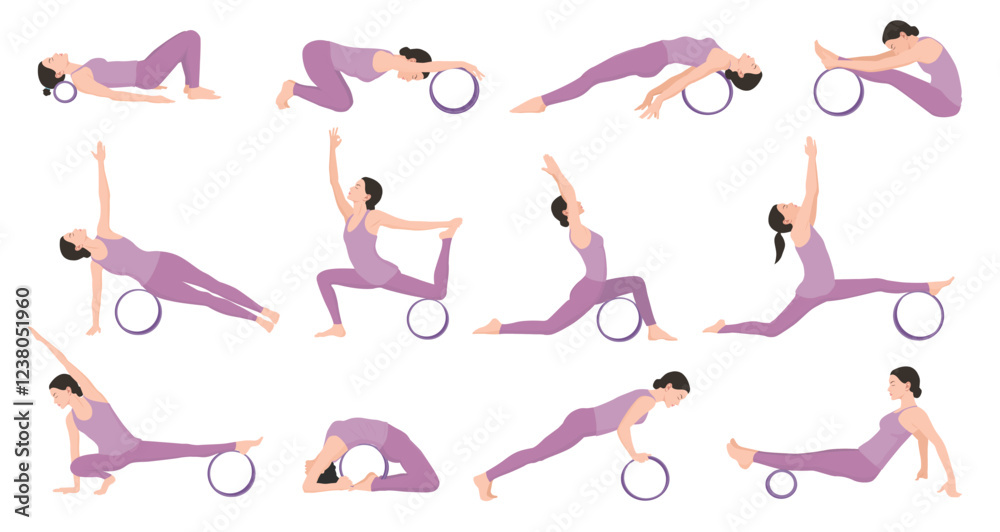 Set of vector illustrations demonstrating exercises with yoga wheel. Young woman workout fitness.
