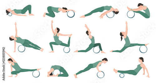 Set of vector illustrations demonstrating exercises with yoga wheel. Young woman workout fitness.