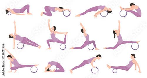 Set of vector illustrations demonstrating exercises with yoga wheel. Young woman workout fitness.